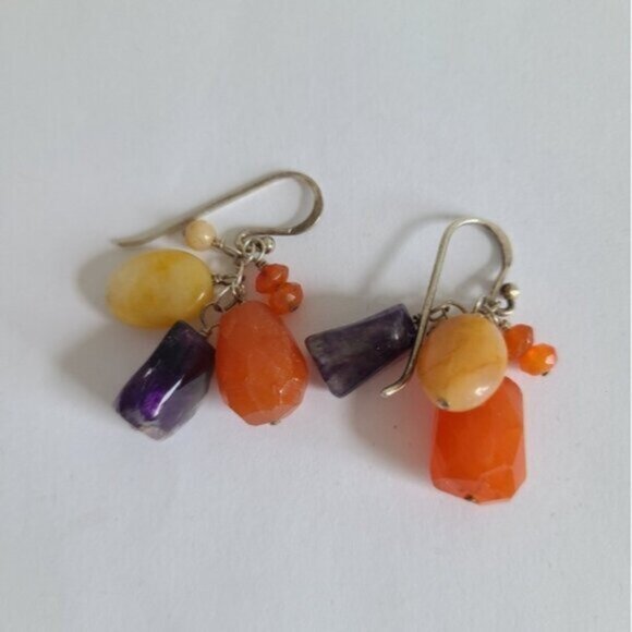 Vintage 80s Boho Barse Sterling Silver Amethyst Gemstone Beaded Dangle Earrings - Picture 8 of 10